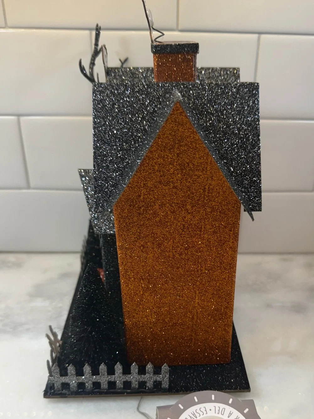 Bella Lux Halloween Putz Style Orange Glitter LED Halloween Ghost House NWT